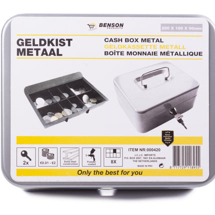 Benson Metalen Geldkistje - 200 x 160 x 90 mm - Cilinderslot - Zilver/Assorti