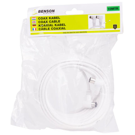 Benson Coax Kabel - 10 meter - Haakse Stekkers - Wit - Flexibel & Duurzaam