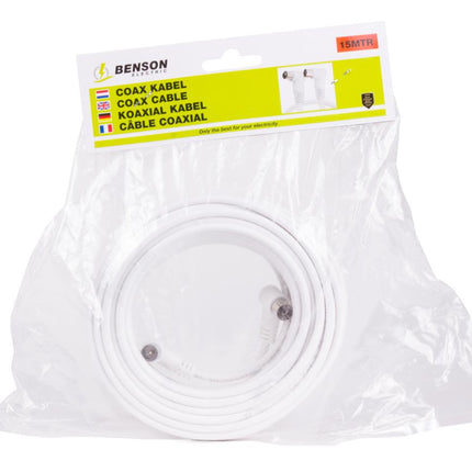 Benson Coax Kabel - 15 meter - Haakse Stekkers - Wit - HQ Signaaloverdracht