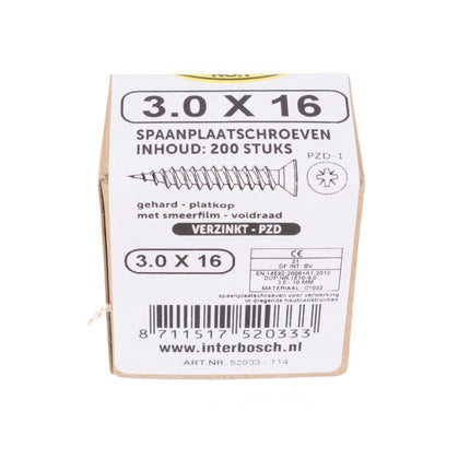 Benson Spaanplaatschroeven – 3.0 x 16 mm – 200 stuks – Verzinkt