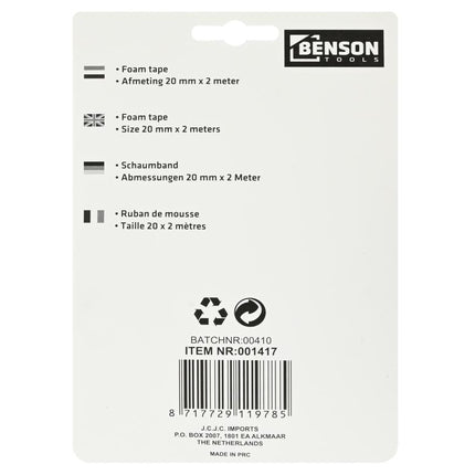 Benson Dubbelzijdige Foamtape 20 mm x 2 m - Wit - Sterke Hechting