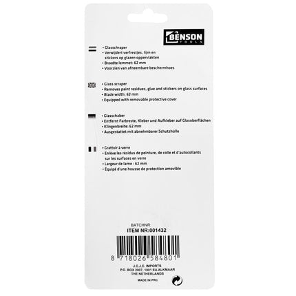Benson Glasschraper 62 mm - Voor Glas en Kookplaten