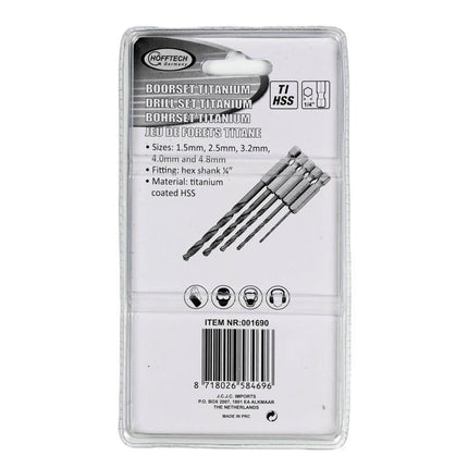 Hofftech Titanium Boorset - 5-delig - HEX Bitaansluiting - 1.5 t/m 4.8 mm