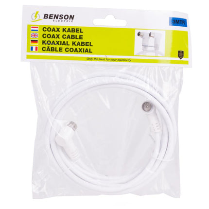 Benson Coax Kabel - 3 meter - Haakse Stekkers - Wit - Flexibel & Duurzaam