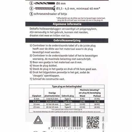 Deltafix Hollewandpluggen – 3.5/4.0 x 40 mm – 6 stuks – Nylon