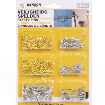 Benson Veiligheidsspelden Set - 250-Delig - Diverse Maten - Metaal