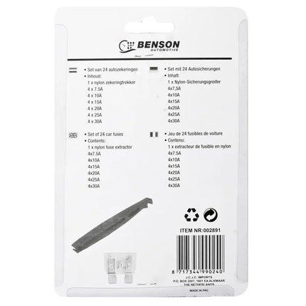 Benson Mini-Steekzekeringen Set – 25-delig – Inclusief Zekeringtrekker – 5A t/m 30A
