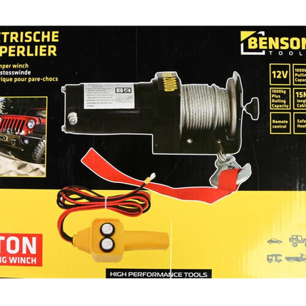 Benson Elektrische Lier 12V – 2000 LBS (907 kg) – 15 Meter Staalkabel – Met Afstandsbediening