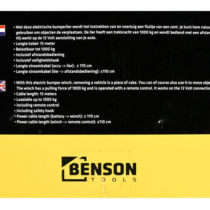 Benson Elektrische Lier 12V – 2000 LBS (907 kg) – 15 Meter Staalkabel – Met Afstandsbediening