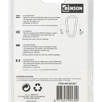 Benson Aluminium Musketonhaken – 8 x 80 mm – 3 stuks