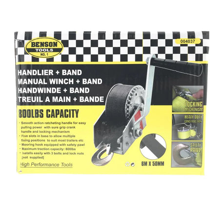Benson Handlier met Band – 360 kg (800 LBS) – 6 Meter – Verzinkt – Met Veiligheidspal