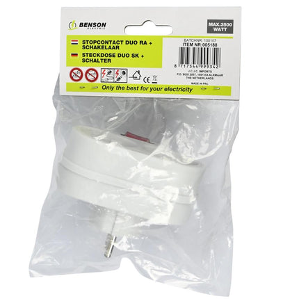 Benson Dubbel Stopcontact met Schakelaar en Kinderbeveiliging - 3500W
