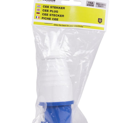 Benson CEE Stekker – 16A – 3-polig – Blauw – Spatwaterdicht