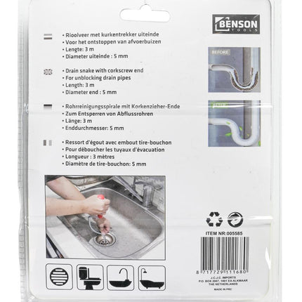 Benson Rioolveer – 3 meter – Met Kurkentrekkerkop & Handvat