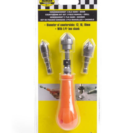 Benson Verzinkboorset met Handvat - 4-delig - 12, 16 en 19 mm