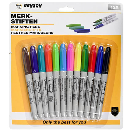 Benson Permanente Merkstiften - 12 Stuks - Kleurenmix - Fijne Punt
