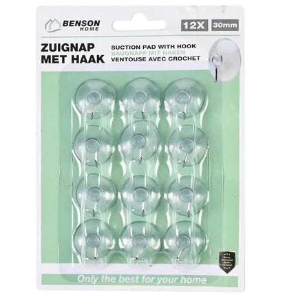 Benson Zuignappen met Haak - Ø 30 mm - Transparant - 12-delig