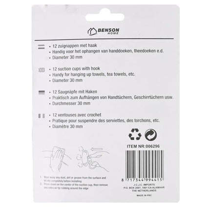 Benson Zuignappen met Haak - Ø 30 mm - Transparant - 12-delig
