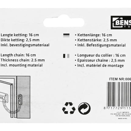 Benson Deurketting - 16 cm - Veiligheidsketting - RVS & Nikkel - Inclusief Schroeven
