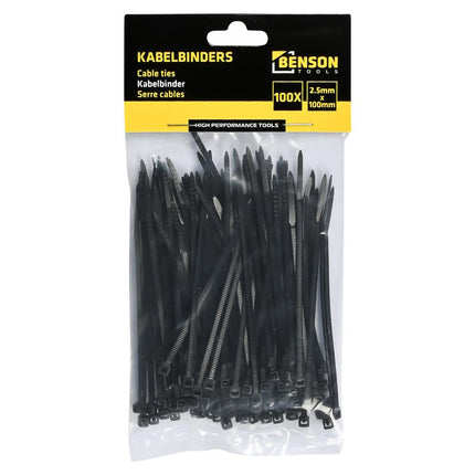 Benson Kabelbinders Zwart 2.5 x 100 mm - 100 Stuks - UV-bestendig