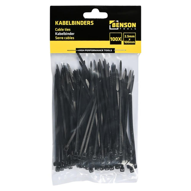 Benson Kabelbinders Zwart 2.5 x 100 mm - 100 Stuks - UV-bestendig
