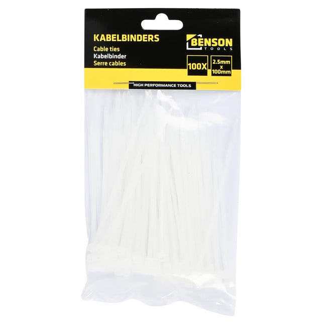 Benson Kabelbinders Wit 2.5 x 100 mm - 100 Stuks - UV-bestendig