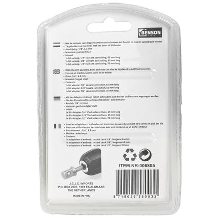 Benson Adapterset voor Boormachine - 1/4", 3/8" & 1/2" - Met Kogelvergrendeling