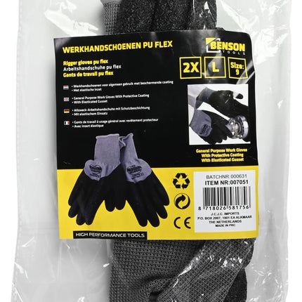 Benson PU Flex Rib Werkhandschoenen - Grijs - Maat 9 (L) - 1 Paar