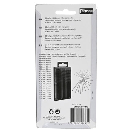 Benson Micro Boorset - 20-delig - HSS - 0.3 t/m 1.6 mm - Voor Precisiewerk