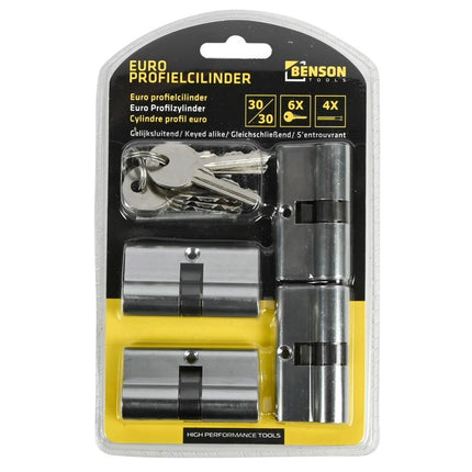 Benson Profielcilinders Set van 4 – Gelijksluitend – 60 mm (30/30) – 6 Sleutels