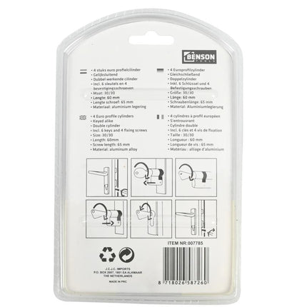 Benson Euro Profielcilinders – 30/30 (60 mm) – 4 stuks – Gelijksluitend