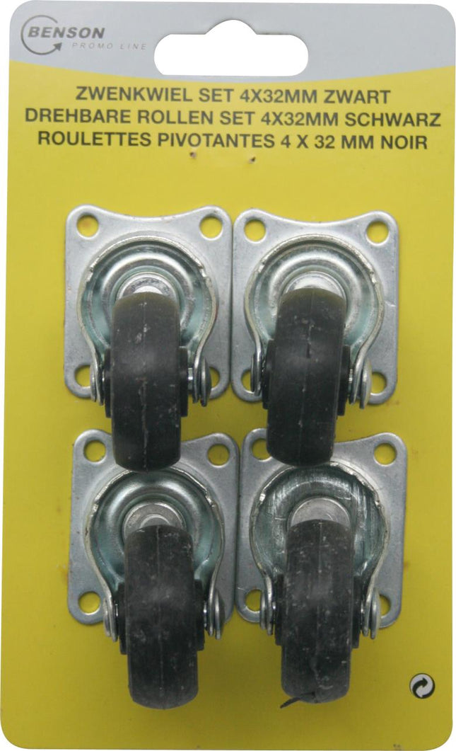Benson Zwenkwiel Set 32 mm Zwart (4 stuks) | Meubelwielen | Dealzzz.nl