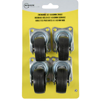 Benson Zwenkwiel Set 40 mm Zwart (4 stuks) - Meubelwielen