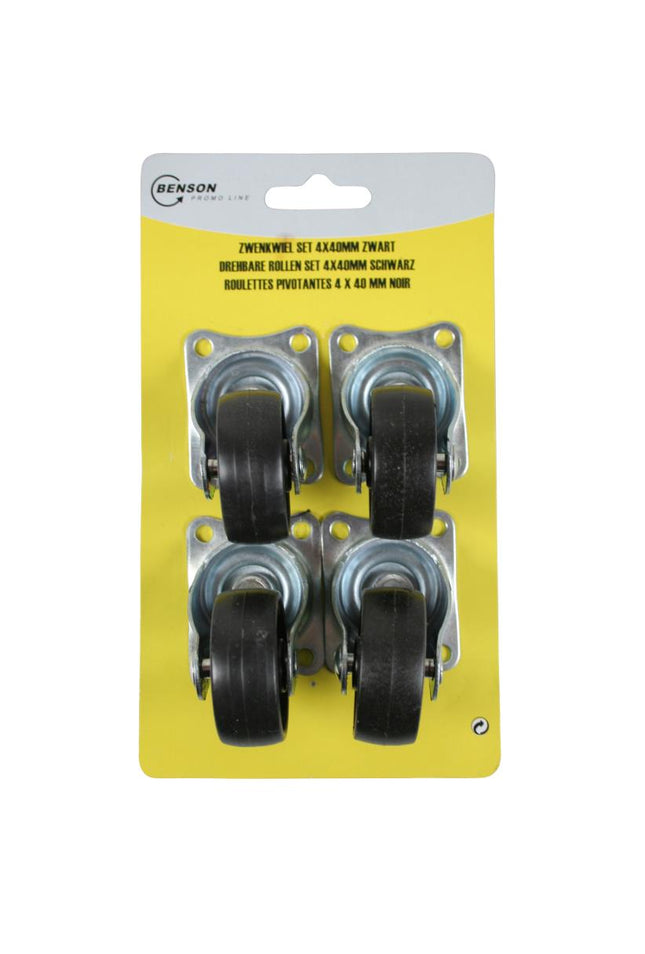 Benson Zwenkwiel Set 40 mm Zwart (4 stuks) - Meubelwielen