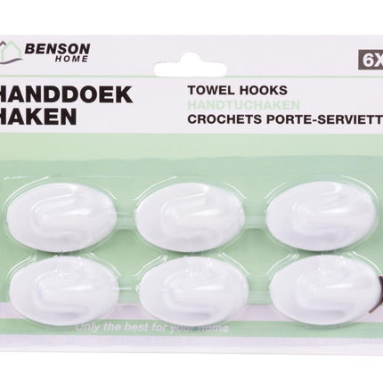 Benson Zelfklevende Handdoekhaken - Wit - 6-delig - 48 x 30 mm