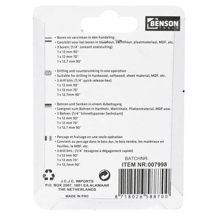 Benson Verzinkboorset - 3-delig - 1/4" HEX Snelsluiting - Voor Hout & MDF