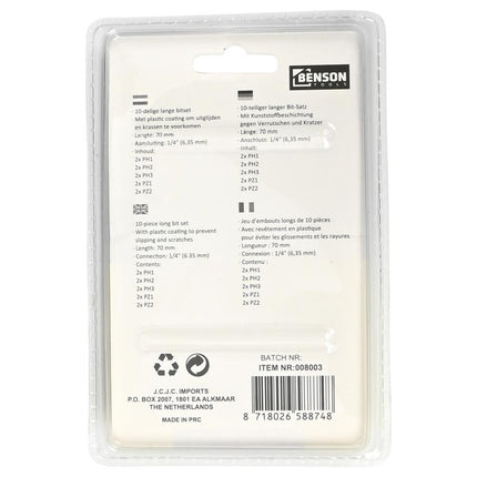 Benson Langbit Set - 10-delig - 70 mm - Met Beschermende Coating