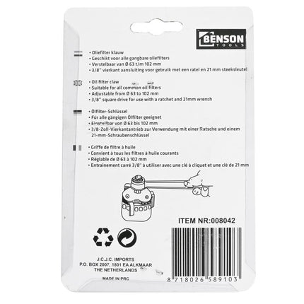 Benson Oliefilterklauw 3-armig – Ø 63-102 mm – Zelfklemmend – Voor Ratel & Steeksleutel