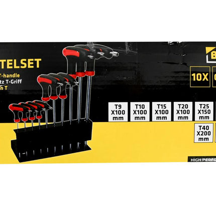 Benson Torx T-sleutelset - 10-delig - T9 t/m T50 - Inclusief Metalen Wandhouder