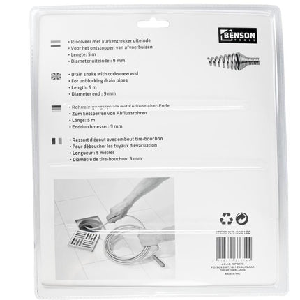 Benson Rioolveer – 5 meter – Flexibele & Sterke Ontstopper (Ø 9 mm)