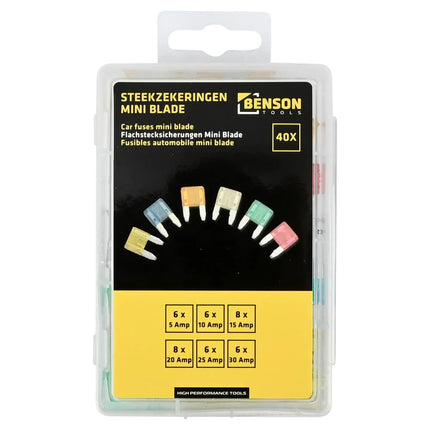 Benson Mini-Steekzekeringen Set – 40-delig – 5A t/m 30A – Inclusief Assortimentsdoos