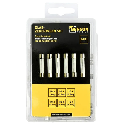 Benson Glaszekeringen Set – 60-delig – 5A t/m 30A – Inclusief Assortimentsbox