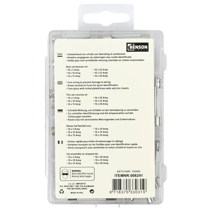 Benson Glaszekeringen Set – 60-delig – 5A t/m 30A – Inclusief Assortimentsbox