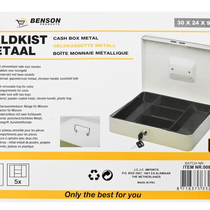 Benson Metalen Geldkist XL - 300 x 240 x 90 mm - Wit - Cilinderslot