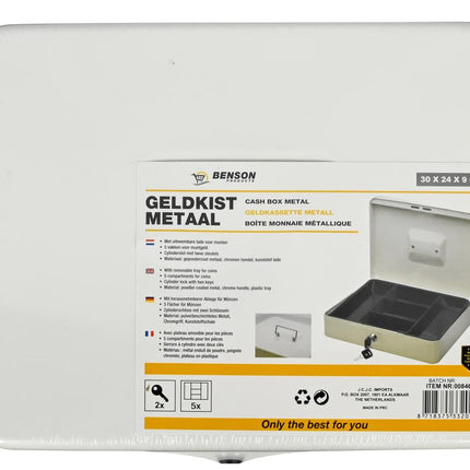 Benson Metalen Geldkist XL - 300 x 240 x 90 mm - Wit - Cilinderslot