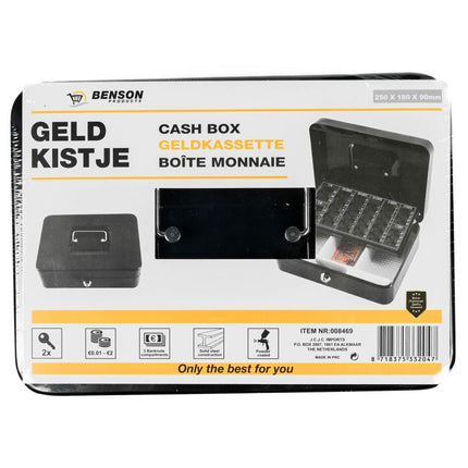 Benson Geldkist Groot Zwart - 250 x 180 x 90 mm - Inclusief Euro Muntinzet