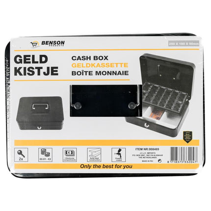 Benson Geldkist Groot Zwart - 250 x 180 x 90 mm - Inclusief Euro Muntinzet