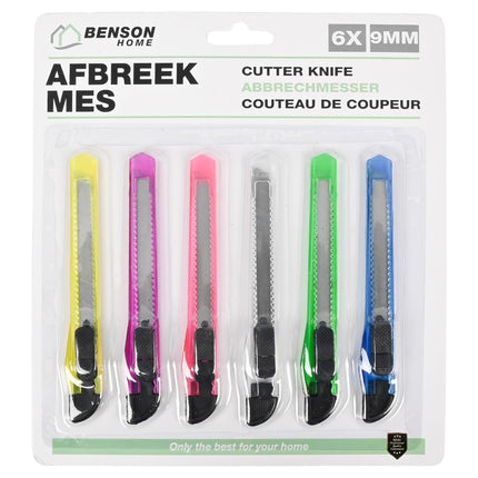 Benson Afbreekmessen Set - 9 mm - 6-delig - Kleurrijk & Ergonomisch