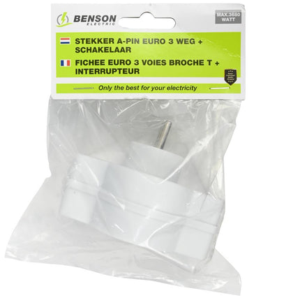 Benson Verloopstekker - 3-weg Splitter met Penaarde - België & Frankrijk - 2300W - Wit