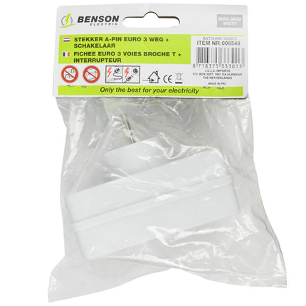 Benson Verloopstekker - 3-weg Splitter met Penaarde - België & Frankrijk - 2300W - Wit
